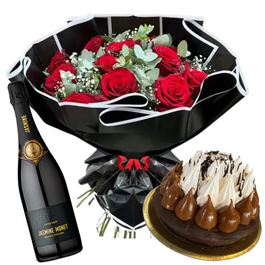 Ramo 12 rosas rojas importadas con torta y espumante